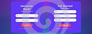 Register and login page layout. Simple ui design for web applications. User authentication forms.