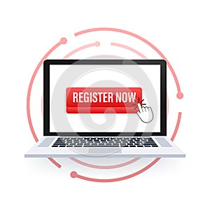 Register now with cursor button. Internet icon. Pointer click icon. Vector stock illustration.