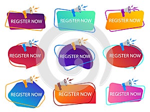 Register now with megaphone. Loudspeaker with title of registration now. Subscribe today tag, logo. Register now banner for book.