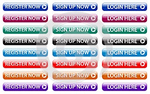 Register now, sign up now, login here web buttons