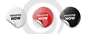 Register now tag. Free registration offer. Price tag stickers. Vector