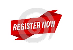 Register Now written,  red flat banner Register Now