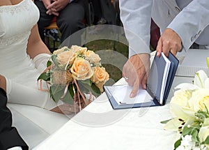 Registrar shows bride where to sign photo