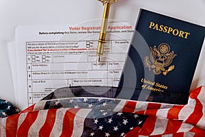 Registration American vote with USA passport covered by American Flag