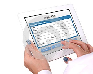 Registration form on tablet computer.