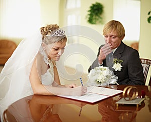 Registration of marriage. Groom in doubt.