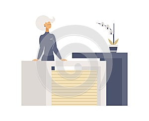 Registration table flat vector illustrations. Smiling young woman, friendly receptionist cartoon character. Customer