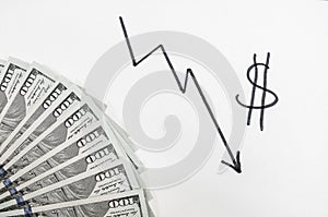 Regressive chart with the dollar symbol. A graph drawn with a marker on the Board with the line falling down. us dollar symbol. Th