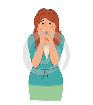 Regret or embarrassed woman vector illustration. Disappointed woman hide face behind hands demonstrate facepalm gesture