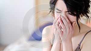 Regret emotional casual sex woman crying bedroom