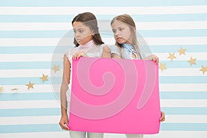 Regret to inform you. Girls hold advertisement poster copy space. Children hold advertising banner. Sad kids with blank