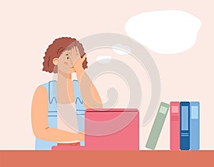 Regretting or disappointed young woman at laptop, vector illustration isolated.