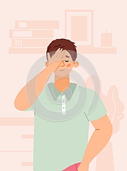 Regretting man with expression of disappointment, flat vector illustration. photo