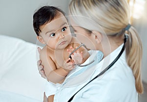 Regular checkups are vital for your childs health, development and wellness. a paediatrician examining a baby in a