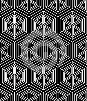 Regular contrast endless pattern with intertwine three-dimensional figures, continuous illusory geometric background.