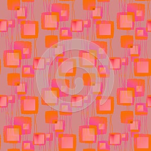 Regular intricate squares pattern with wavy lines pink orange violet overlaying