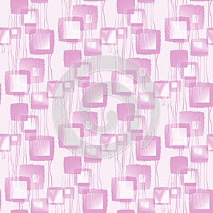 Regular intricate squares pattern with wavy lines pink violet white overlying