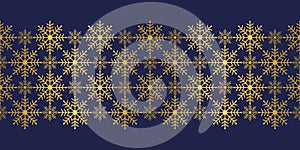 Regular seamless snowflake texture Border on blue background. Elegant gold foil vector pattern with scratches.