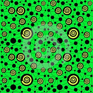 Regular spirals and circles pattern green and black connected with black lines
