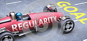 Regularity helps reaching goals, pictured as a race car with a phrase Regularity on a track as a metaphor of Regularity playing photo