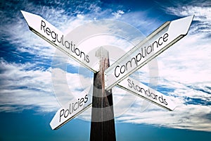 Regulations, compliance, policies, standards concept - signpost with four arrows