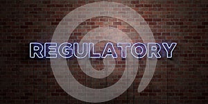 REGULATORY - fluorescent Neon tube Sign on brickwork - Front view - 3D rendered royalty free stock picture