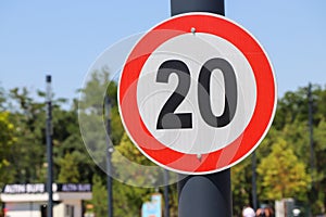 Regulatory signs, maximum speed limit traffic sign 20 KM.