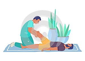 Rehabilitation center. Leg massage therapy, flat vector illustration. Physiotherapy treatment of injured people.