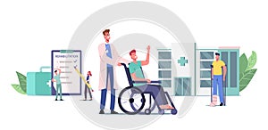 Rehabilitation Concept. Doctor Push Wheelchair with Injured Character with Bandaged Leg, Patient with Broken Limb