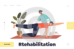 Rehabilitation concept of landing page with female nurse helping patient with physical recovery