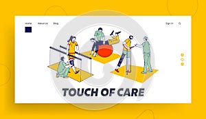 Rehabilitation, Disabled Physiotherapy Landing Page Template. Characters Engaged Adaptive Physical Education