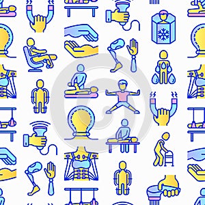 Rehabilitation for disabled seamless pattern  with thin line icons: magnetic therapy, laser, massage, lymphatic drainage,