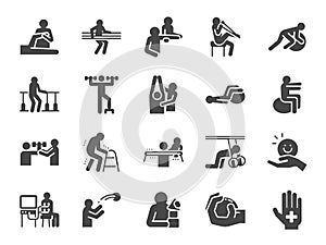 Rehabilitation icon set. Included icons as recovery, Physical therapy, Nursing Home, therapist, hospital, physiology and more.