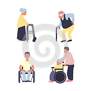 Rehabilitation after injury vector flat set. Old woman with walker, male senior with cane. Man on wheelchair.