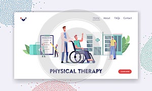 Rehabilitation Landing Page Template. Doctor Push Wheelchair with Character with Bandaged Leg, Patient with Broken Limb