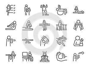 Rehabilitation line icon set. Included icons as recovery, Physical therapy, Nursing Home, therapist, hospital, physiology and more