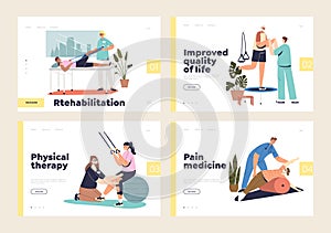 Rehabilitation and physical therapy concept of landing pages set with people at rehab after illness