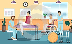 rehabilitation. physical therapy for rehabilitation disabled people. Vector cartoon background