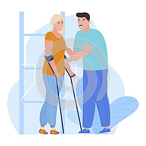 Rehabilitation procedure woman patient with crutches exercising male doctor vector flat illustration