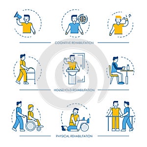 Rehabilitation vector human man icons for cognitive, physical and household rehabilitation medicine therapy