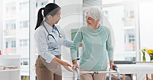 Rehabilitation, walker or doctor walking with old woman in retirement or hospital for wellness or support. Physio, nurse