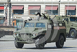Rehearsal of parade in honor of Victory Day in Moscow. The GAZ Tigr is a Russian 4x4, multipurpose, all-terrain infantry mobility
