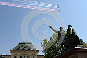Rehearsal of the Victory Day celebration. On the Red Square, group of assault plane Sukhoi Su