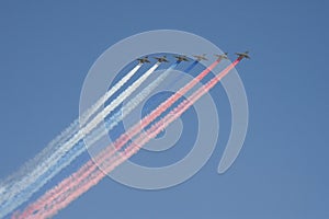 Rehearsal of the Victory Day celebration. On the Red Square, group of assault plane Sukhoi Su-25 Grach NATO  name: `Frogfoot` in