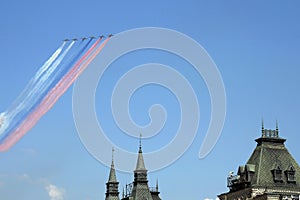 Rehearsal of the Victory Day celebration. On the Red Square, group of assault plane Sukhoi Su-25 Grach NATO  name: `Frogfoot` in