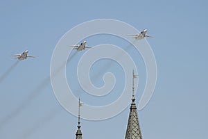 Rehearsal of the Victory Day celebration WWII. The airshow on the Red Square. Group of Sukhoi Su-24 Fencer is a supersonic, al