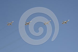 Rehearsal of the Victory Day celebration WWII. The airshow on the Red Square. Group of Sukhoi Su-24 Fencer is a supersonic, al