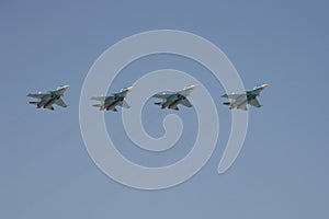 Rehearsal of the Victory Day celebration WWII. The airshow on the Red Square. Group of Sukhoi Su-34 Fullback is a Russian supe