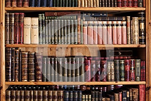 Rehna, Germany - April 18, 2108: wooden bookcase with old vintage books by popular German writers, background for education