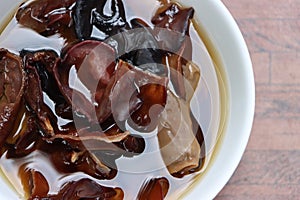 Rehydrated wood ear mushrooms in white bowl, delicacy of Sikkim